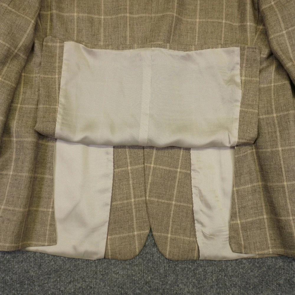 Jos A Bank Blazer Men 48R Tan Silk Linen Wool Windowpane Tailored Fit Sport Coat